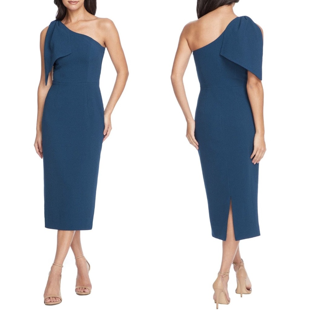 NEW Dress the Population One Shoulder Bow Midi Sheath Dress in Peacock Blue